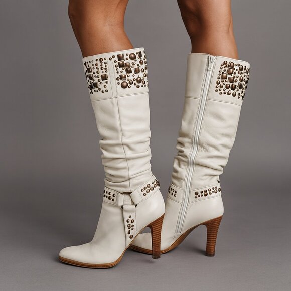 Colin Stuart Women’s 6.5 White Faux Leather Studded High Heel Riding Boots Zip - Picture 1 of 7